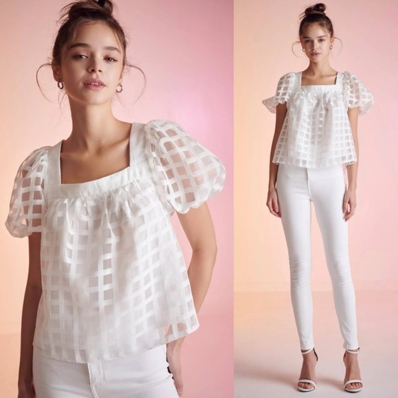 English Factory White Grid Pattern Puff Sleeve Organza Top- Size Extra Small - Picture 1 of 14
